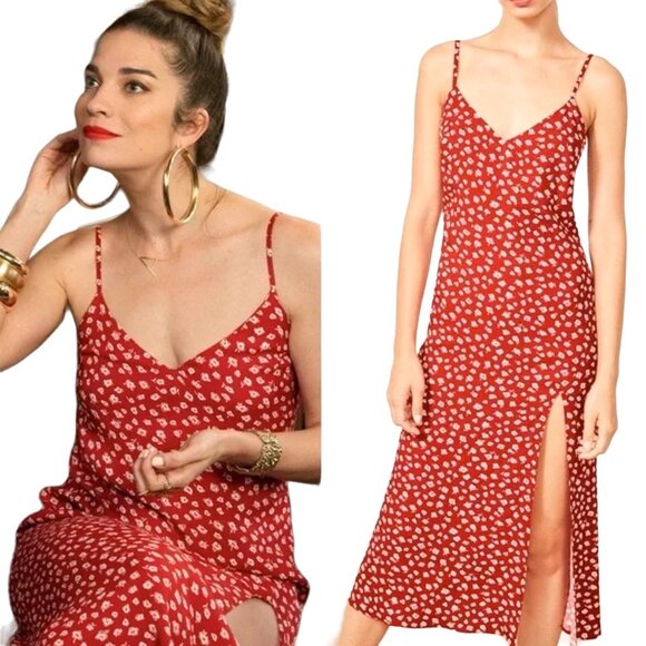 Reformation Dresses & Skirts - Reformation Crimini V Neck Leg Slit Midi Slip Dress in Western Red Floral Size 2